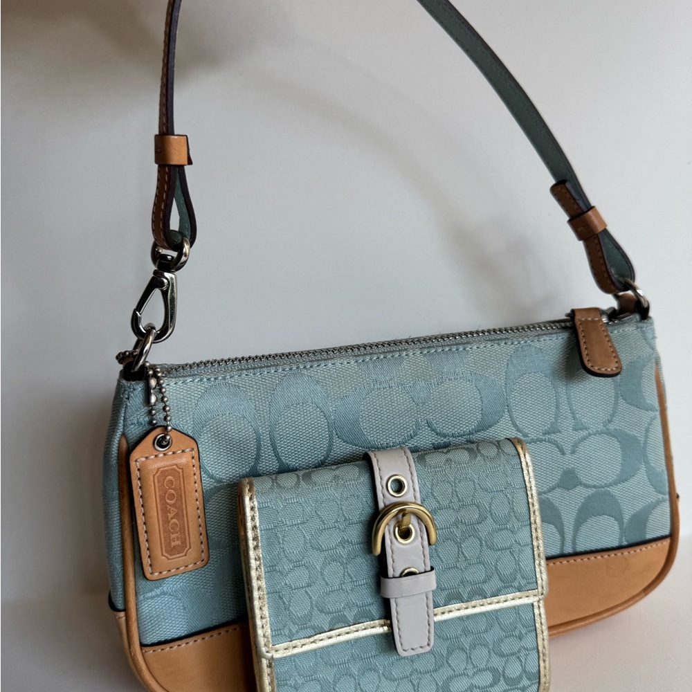 Vintage Coach Y2K Demi Signature Baby Blue Canvas and Leather Bag 6094